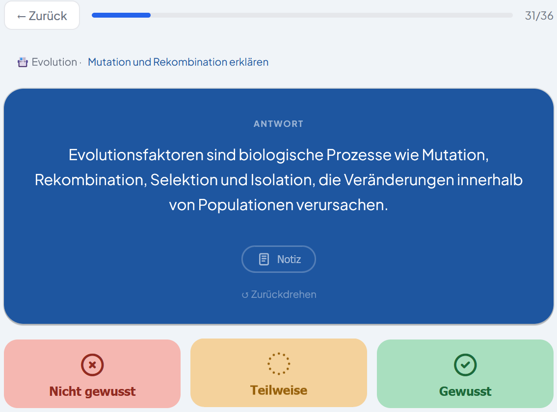 Lernkarten-Modus in FlowStar: Karte mit Antwort und drei Bewertungsknöpfen